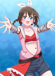  :d arm_warmers bikini bikini_top_only blue_eyes blue_shorts blush braided_hair_rings breasts brown_hair cleavage collarbone commentary cowboy_shot female frilled_bikini frills hair_between_eyes highres jacket love_live! love_live!_nijigasaki_high_school_idol_club love_live!_nijigasaki_high_school_idol_club_kanketsu-hen medium_breasts medium_hair midriff navel official_alternate_costume open_mouth osaka_shizuku outstretched_arms partially_unzipped pink_jacket red_bikini shorts sidelocks sleeveless sleeveless_jacket smile solo striped_arm_warmers swimsuit taiyakippassion white_arm_warmers 