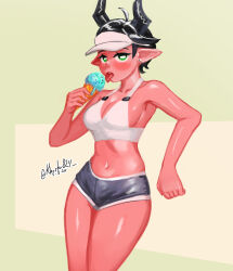  absurdres ahoge black_hair borrowed_character breasts cleavage collarbone colored_skin commentary crop_top dated demon_horns earrings english_commentary female green_eyes highres holding holding_ice_cream_cone horns ice_cream_cone jewelry khester824 leaning_on_object medium_breasts micro_shorts navel original pink_skin pointy_ears short_hair shorts solo tongue tongue_out twitter_username visor_cap 