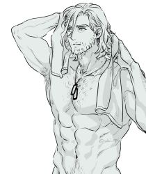  1boy abs aki_(supekutooru) alternate_hair_length alternate_hairstyle armpit_hair armpits artist_name bara beard chest_hair collarbone dog_tags drying drying_hair facial_hair green_eyes greyscale highres large_pectorals lewis_smith long_hair male_focus medium_hair monochrome muscular muscular_male navel navel_hair nipples pectorals simple_background solo towel twitter_username upper_body white_background yuuki_bakuhatsu_bang_bravern 