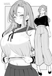  black_shirt blush breasts heavy_breathing highres kichihachi large_breasts long_hair midriff_peek monochrome multiple_views navel original pants parted_bangs pleated_skirt sailor_collar school_uniform shirt shoes skirt smile sweat white_background 