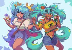  2girls aqua_eyes aqua_hair artist_name bead_choker belly_chain bikini black_bikini blue_hair blue_shorts brazilian_flag brazilian_flag_print brazilian_miku cowboy_shot dark-skinned_female dark_skin drink filipino_miku_(ocean_hairuuu) flower flower_necklace guarana_antarctica hatsune_miku highres holding holding_drink holding_hands jewelry loafeebuns long_hair looking_at_viewer midriff multiple_girls navel one_eye_closed parted_lips print_shirt puffy_short_sleeves puffy_sleeves rectangular_earrings red_hair shirt short_sleeves shorts shorts_tan smile swimsuit tan tanlines twintails very_long_hair vocaloid white_flower yellow_shirt 