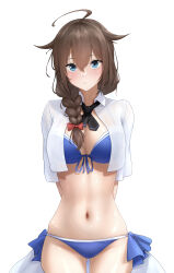  absurdres ass_visible_through_thighs bikini blue_bikini blue_eyes braid breasts brown_hair brown_hat cowboy_shot female front-tie_bikini_top front-tie_top hair_between_eyes hair_flaps hair_over_shoulder hat highres kantai_collection large_breasts long_hair navel official_alternate_costume open_clothes open_shirt shigure_(kancolle) shigure_kai_san_(kancolle) shigure_kai_san_(swimsuit)_(kancolle) shirt shushan side-tie_bikini_bottom simple_background single_braid solo standing swimsuit textless_version white_background white_shirt 