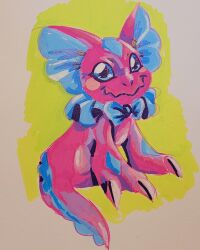  bandai_namco blue_eyes bow_tie claws digimon digimon_(species) elizamon feral frill_(anatomy) gloomystreet hi_res membrane_(anatomy) membranous_frill pink_body pink_scales scales scalie smile solo traditional_media_(artwork) 