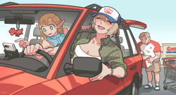  1boy 2girls :d baseball_cap blonde_hair blush breasts car cellphone cleavage costco dragon_(remains)_(dungeon_meshi) dungeon_meshi falin_touden genice_chan green_eyes hat laios_touden long_hair motor_vehicle multiple_girls outdoors phone rear-view_mirror sandals shopping_cart short_hair smartphone smile socks steering_wheel white_socks 