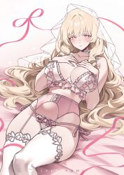  absurdres artist_name blonde_hair blush breasts cleavage closed_mouth dress english_commentary female garter_belt gown hand_on_own_chest highres large_breasts long_hair looking_at_viewer lying on_back original panties pink_eyes pink_ribbon ribbon smile solo svet_yomi thighhighs underwear white_panties white_thighhighs 