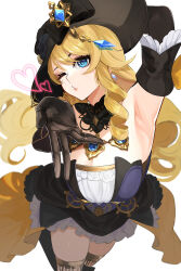  absurdres armpits black_bow black_gloves black_hat black_skirt blonde_hair blowing_kiss blue_eyes bow breasts cleavage detached_collar dress drill_hair earrings female frilled_skirt frills genshin_impact gloves hat hat_bow heart highres jewelry large_breasts lips navia_(genshin_impact) nekotokage one_eye_closed simple_background skirt solo thighs white_background 