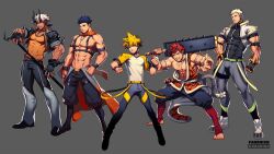  5boys abs angel armband bara blonde_hair blue_eyes blue_hair bracelet bulge chest_belt coat_around_waist collared_jacket compression_shirt cover cropped_jacket dark_skin demon demon_boy demon_horns fingerless_gloves floody_(paradiso_guardian) gloves grey_background highres holding holding_weapon horns jacket jewelry leather leather_belt lenga_valentine logo lvlv male_focus manly mature_male multiple_boys muscular muscular_male necklace nipples oni open_clothes open_jacket orange_eyes pants paradiso_guardian radian_(paradiso_guardian) red_eyes red_hair shirt short_hair shuten_douji_(paradiso_guardian) simple_background spiked_hair staff thick_arms thick_thighs thighs tight_clothes tight_pants topless_male vitos_(paradiso_guardian) weapon white_hair 