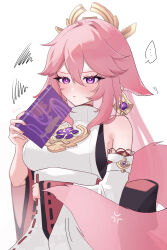  ... absurdres anger_vein animal_ears artist_name bare_shoulders blush book breasts closed_mouth commentary_request detached_sleeves dress ear_wiggle earrings eyelashes female floppy_ears fox_ears fox_girl fox_tail furrowed_brow genshin_impact hair_between_eyes halo highres holding holding_book jewelry large_breasts long_hair long_sleeves nyamo-lv0 pink_eyes pink_hair pink_nails see-through see-through_tail sleeveless sleeveless_dress sleeves_past_wrists solo spoken_ellipsis squiggle tail turtleneck turtleneck_dress twitter_username vision_(genshin_impact) white_dress white_sleeves wide_sleeves yae_miko 