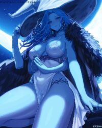  aem_support bikini blue_hair blue_nails blue_skin breasts cleavage colored_skin commentary_request dress elden_ring extra_arms female hat highres itzah large_breasts large_hat long_hair moon nightgown own_hands_together pixel_art ranni_the_witch solo swimsuit thighs white_dress witch witch_hat 