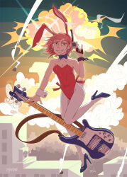  animal_ears blue_footwear breasts city cleavage collar dated earrings electric_guitar explosion fake_animal_ears fake_tail female flcl full_body guitar gun haruhara_haruko high_heels highres holding holding_weapon instrument jewelry leotard looking_at_viewer medium_breasts pantyhose red_leotard revolver ribbon short_hair signature smile smoke solo tail teeth thighhighs weapon white_collar white_pantyhose white_sleeve_cuffs wrist_cuffs xiao-ch yellow_eyes 