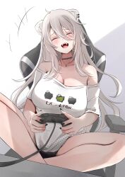  absurdres animal_ears black_choker breasts choker closed_eyes controller female grey_hair highres holding holding_controller hololive large_breasts lion_ears lion_girl nerorigogo official_alternate_costume open_mouth playing_games shirt shishiro_botan shishiro_botan_(casual) smile virtual_youtuber white_shirt 