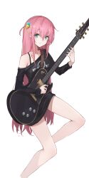  absurdres alternate_costume bare_legs black_bra black_shirt blue_eyes bocchi_the_rock! bra bra_strap chinese_commentary closed_mouth clothes_writing commentary_request cropped_legs cube_hair_ornament electric_guitar expressionless eyelashes female gotoh_hitori guitar hair_between_eyes hair_ornament highres instrument k/a long_hair long_shirt long_sleeves looking_at_viewer off-shoulder_shirt off_shoulder one_side_up pink_hair playing_guitar shirt simple_background single_bare_shoulder single_off_shoulder sitting solo straight_hair underwear very_long_hair white_background 