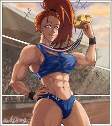  bandaid bandaid_on_face breasts captain_mizuki day earrings english_commentary female hair_pulled_back hand_on_own_hip high_ponytail highres holding_medal jewelry looking_at_viewer makdraw25 medal medium_breasts muscular muscular_female navel one-punch_man orange_hair outdoors racetrack signature smile solo sports_bra sportswear stadium stomach sweat thighs wrist_cuffs 