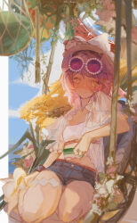  absurdres animal_ears animal_on_head arknights bikini black_shorts breasts cat_ears cat_girl cat_on_head cat_tail closed_mouth eyewear_on_head feline female flower food food-themed_hair_ornament goldenglow_(arknights) goldenglow_(summer_flowers)_(arknights) hair_ornament hat highres looking_at_viewer official_alternate_costume on_head pink_hair purple-tinted_eyewear shorts sk0000112 smile solo sunflower sunglasses swimsuit tail tinted_eyewear watermelon_hair_ornament yellow_eyes 