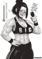  abs absurdres blush breasts cleavage closed_eyes electric_fan english_text female greyscale hair_bun hand_fan hand_on_own_hip highres holding holding_fan large_breasts monochrome muscular muscular_female original revision signature solo sound_effects speedl00ver sweat sweatband thermometer veins veiny_arms white_background 