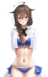  absurdres ass_visible_through_thighs bikini blue_bikini blue_eyes braid breasts brown_hair brown_hat cowboy_shot female front-tie_bikini_top front-tie_top hair_between_eyes hair_flaps hair_over_shoulder hat highres kantai_collection large_breasts long_hair navel official_alternate_costume open_clothes open_shirt shigure_(kancolle) shigure_kai_san_(kancolle) shigure_kai_san_(swimsuit)_(kancolle) shirt shushan side-tie_bikini_bottom simple_background single_braid solo standing swimsuit textless_version white_background white_shirt 