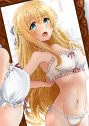  bare_shoulders blonde_hair blue_eyes bra breasts cowboy_shot fd_(fd_sanmaru) female goblin_slayer! hair_ribbon highres long_hair looking_at_mirror mirror navel open_mouth panties priestess_(goblin_slayer!) reflection ribbon side-tie_panties small_breasts solo stomach underwear white_bra white_panties 