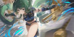  absurdres android black_gloves blunt_bangs dust female fighting fingerless_gloves gloves green_eyes green_hair highres holding holding_weapon lightning long_hair looking_at_viewer navel outdoors police police_uniform policewoman qingyi_(zenless_zone_zero) running serious sidelocks solo thighs twintails uniform very_long_hair weapon yonesdraws zenless_zone_zero 