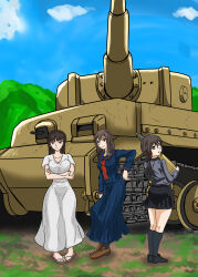  3girls absurdres aged_down alternate_costume dress girls_und_panzer highres holding holding_shell holding_tank_shell idegami_kikuyo kuromorimine_school_uniform long_hair long_skirt military_vehicle motor_vehicle multiple_girls nishizumi_shiho razenngann school_uniform serafuku shell shimada_chiyo short_hair skirt tank tiger_i white_dress 