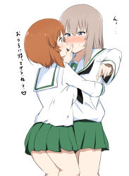  2girls absurdres black_neckerchief blue_eyes blush brown_eyes brown_hair chaarai commentary_request finger_to_another&#039;s_mouth girls_und_panzer green_skirt grey_hair heart highres itsumi_erika long_hair looking_at_another medium_hair multiple_girls neckerchief nishizumi_miho ooarai_school_uniform pleated_skirt sailor_collar school_uniform serafuku shirt simple_background skirt sweatdrop translation_request white_background white_sailor_collar white_shirt yuri 