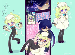  !? 1boy animal_ears aqua_bow aqua_bowtie before_and_after black_unitard blunt_bangs blush blush_stickers bow bowtie burippoi couple dated deformed double-parted_bangs dress female fingerless_gloves full-face_blush fur_dress fur_gloves fur_hat gloves green_background hat head_on_chest kemonomimi_mode lightning_ahoge lying marle_(puyopuyo) official_alternate_hair_length official_alternate_hairstyle official_style on_back pantyhose purple_eyes puyopuyo puyopuyo_tetris_2 ringed_eyes shaving sheep_ears sheep_girl sheep_tail signature single_hair_ring squares_(puyopuyo) standing standing_on_one_leg straight tail translation_request unitard w_arms white_dress white_gloves white_hat wool yellow_eyes 