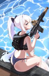  ass backpack bag bare_shoulders bikini blue_archive blue_bikini blue_bow bow closed_mouth clov3r commentary dimples_of_venus female gun hair_intakes hairbow highres holding holding_gun holding_weapon light_smile long_hair looking_at_viewer looking_to_the_side miyako_(blue_archive) ponytail poolside purple_eyes rifle side-tie_bikini_bottom sitting soaking_feet solo suppressor swimsuit thighs weapon white_hair 