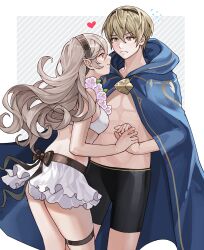  1boy bikini black_hairband black_ribbon blonde_hair blue_cape border breasts cape closed_mouth corrin_(female)_(fire_emblem) corrin_(female)_(summer)_(fire_emblem) corrin_(fire_emblem) cowboy_shot female fire_emblem fire_emblem_fates flower flying_sweatdrops frown grey_hair hair_between_eyes hairband hand_grab heart highres leo_(fire_emblem_fates) leo_(summer)_(fire_emblem) long_hair looking_at_another medium_breasts official_alternate_costume outside_border pointy_ears red_eyes ribbon short_hair simple_background sobasakuhin standing swimsuit thigh_strap white_bikini white_border 