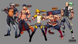  5boys abs angel armband bara blonde_hair blue_eyes blue_hair bracelet bulge chest_belt coat_around_waist collared_jacket compression_shirt cover cropped_jacket dark_skin demon demon_boy demon_horns english_text fingerless_gloves floody_(paradiso_guardian) gloves grey_background highres holding holding_weapon horns jacket jewelry leather leather_belt lenga_valentine logo lvlv male_focus manly mature_male multiple_boys muscular muscular_male necklace nipples oni open_clothes open_jacket orange_eyes pants paradiso_guardian radian_(paradiso_guardian) red_eyes red_hair shirt short_hair shuten_douji_(paradiso_guardian) simple_background spiked_hair staff thick_arms thick_thighs thighs tight_clothes tight_pants topless_male vitos_(paradiso_guardian) weapon white_hair 