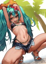  aqua_eyes aqua_hair armpits arms_up belly_chain bikini bikini_under_shorts black_bikini blush brazilian_miku breasts denim denim_shorts exposed_pocket feet female flower hair_flower hair_ornament hatsune_miku highres jewelry long_hair looking_at_viewer navel palm_tree rectangular_earrings sandals shorts shorts_tan spread_legs squatting stomach swimsuit tan tanline_peek tanlines thighs tiptoes toes touchme4lln8 tree twintails undressing vocaloid wet white_footwear 