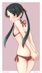  arms_behind_back ass back bikini black_hair blush breasts female green_eyes kantai_collection lace looking_at_viewer looking_back mikuma_(kancolle) official_alternate_costume ray.s red_bikini ribs signature small_breasts swimsuit undersized_clothes 