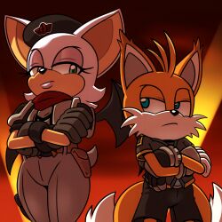  1:1 anthro bat beret canid canine clothed clothing crossed_arms duo female fox fully_clothed gloves handwear hat headgear headwear hi_res hyoumaru looking_at_another male mammal rebel_rouge rouge_the_bat sega sonic_the_hedgehog_(series) tails tails_nine wings 