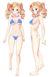  absurdres alternate_color bikini blonde_hair blue_bikini blue_eyes breasts drill_hair female flower hair_flower hair_ornament hibiscus highres honolulu_(kancolle) honolulu_(swimsuit_mode)_(kancolle) kantai_collection long_hair medium_breasts navel official_alternate_costume red_flower side-tie_bikini_bottom simple_background smile string_bikini swimsuit takafumi twin_drills twintails white_background 