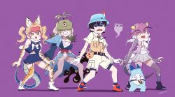  1boy 3girls absurdres animal_ears animal_print bandages bare_legs bare_shoulders beleven bike_shorts bike_shorts_under_shorts black_footwear blonde_hair blue_kimono blue_shirt blue_skirt blush boots bow bowtie brown_eyes brown_shirt bucket_hat cat_ears collared_shirt dancing elbow_gloves facial_mark fingerless_gloves fundoshi fur_collar garter_straps ghost gloves gradient_hair green_hair grey_shorts grimace hair_between_eyes hair_over_eyes hat highres jacket japanese_clothes japari_symbol kemono_friends kemono_friends_3 kimono lizard_tail long_hair looking_at_viewer lucky_beast_(kemono_friends) midriff_peek multicolored_hair multiple_girls nue_(kemono_friends) oerba_yun_fang open_clothes open_vest orange_footwear pleated_skirt print_gloves print_thighhighs purple_background purple_gloves purple_hair purple_vest rairyu_(kemono_friends) red_hair safari_jacket sailor_collar sanmoto_gorozaemon_(kemono_friends) scales school_uniform serafuku shirt short_sleeves shorts sidelocks skirt sleeveless slit_pupils smile sweatdrop t-shirt tail teeth thighhighs tiger_print torn_clothes torn_skirt twintails two-tone_shirt uniform vest whisker_markings white_bow white_bowtie white_footwear white_fur white_gloves white_hair white_shirt white_skirt yellow_eyes zettai_ryouiki 