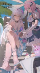  2girls ahoge apron bare_legs bare_shoulders beach beach_chair beach_umbrella bikini black_bikini blue_dress blue_eyes blue_sky breasts cake cleavage clothing_cutout coconut commentary commission crossed_legs dress drinking_straw earrings elf elysia_(honkai_impact) elysia_(miss_pink)_(honkai_impact) elysia_(miss_pink_elf)_(honkai_impact) english_commentary fake_horns food fruit highres holding holding_food holding_fruit honkai_(series) honkai_impact_3rd horns jewelry kiana_kaslana kiana_kaslana_(herrscher_of_the_void) kiana_kaslana_(parasol_kaiserin) kosaka_kaslana large_breasts long_hair looking_at_viewer maid maid_apron maid_headdress multiple_girls on_chair pink_hair pointy_ears sandals side_cutout sky starfish_hair_ornament summer swimsuit umbrella white_apron white_hair yellow_eyes 