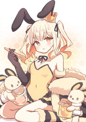  animal_ears bare_shoulders black_gloves black_ribbon blonde_hair blush breasts brown_eyes closed_mouth commentary_request covered_navel crown elbow_gloves female fur-trimmed_gloves fur_trim gloves hair_ribbon hand_up highres holding holding_spoon honey honeycomb_(pattern) honeycomb_background jar leotard looking_at_viewer mini_crown multicolored_hair orange_hair original playboy_bunny rabbit_ears ribbon ryoku_sui signature sitting small_breasts socks solo spoon strapless strapless_leotard striped_clothes striped_socks two-tone_hair two_side_up yellow_leotard 