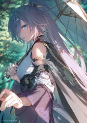  bare_shoulders blue_eyes breasts chinese_clothes commentary earrings female from_side fu_hua fu_hua_(azure_empyrea) hair_ornament hairpin highres holding holding_umbrella honkai_(series) honkai_impact_3rd jewelry long_hair looking_at_viewer medium_breasts oil-paper_umbrella parted_lips ponytail sidelocks solo symbol-only_commentary toosaka_asagi twitter_username umbrella upper_body very_long_hair white_umbrella 