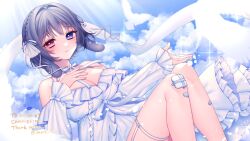  animal_ears bandaid bandaid_on_leg blue_eyes blue_sky bow braid breasts cleavage closed_mouth cloud commission crown_braid dress dress_bow english_text feet_out_of_frame female frilled_dress frilled_sleeves frills from_side garter_straps gauze_on_knee grey_hair hair_intakes hair_ribbon hand_on_own_chest heterochromia highres knees_up large_breasts long_sleeves looking_at_viewer off-shoulder_dress off_shoulder original outdoors pink_eyes puffy_long_sleeves puffy_sleeves rabbit_ears ribbon sitting skeb_commission skindentation sky smile solo sparkle three_quarter_view twitter_username white_dress white_ribbon yosio_ex 