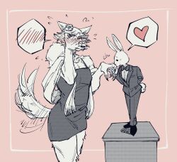  5_fingers accessory anthro beastars black_tie_(suit) blush blush_lines bodily_fluids bow_tie canid canine canis claws clothed clothing cotton_tail covering covering_face crossdressing crossed_legs domestic_rabbit dress dress_shoes duo dwarf_rabbit embarrassed eyeshadow facial_tuft female fingers flower flower_in_hair geometric_background hair hair_accessory hand_behind_back haru_(beastars) heart_symbol hi_res hiding_face kissing_hand lagomorph leaning legoshi_(beastars) leporid makeup male male/female mammal monochrome motion_lines onomatopoeia oryctolagus pink_background pink_monochrome plant rabbit simple_background size_difference sound_effects speech_bubble standing_on_object suit sweat tail tail_motion tailwag text triangular_ears tuft wolf yuzuki_fang111 