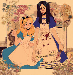  2girls absurdres alice_(alice_in_wonderland) alice_liddell_(american_mcgee&#039;s_alice) american_mcgee&#039;s_alice apron bad_id bad_tumblr_id berry black_bow black_eyes black_hair black_hairband black_ribbon blonde_hair blood blood_on_clothes blood_on_knife blood_splatter blue_dress blush border bow clover commentary dress dual_persona english_commentary english_text eye_contact green_eyes hair_over_shoulder hair_ribbon hairband hairbow hand_on_another&#039;s_arm hand_up height_difference highres holding_another&#039;s_arm jewelry jupiter_symbol knife lips long_hair looking_at_another looking_down looking_to_the_side multiple_girls mushroom necklace nose nose_blush omega_symbol outline outside_border parted_hair pendant pink_lips pixie_(milkywaypixies) pointing rabbit ribbon side-by-side standing tag uranus_symbol white_apron white_border white_outline 