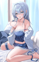  absurdres barefoot bed_sheet blonde_hair blue_camisole blue_eyes blue_hair blue_skirt blush breasts camisole cleavage collarbone commentary_request curtains feet female highres hitachi_sou indoors jacket large_breasts long_hair looking_at_viewer open_mouth original pillow sidelocks sitting skirt sleepwear solo strap_slip sweat thigh_strap wariza white_jacket 