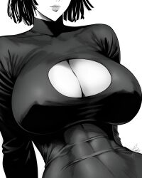  absurdres artist_name breasts cleavage cleavage_cutout closed_mouth clothing_cutout commentary female fubuki_(one-punch_man) greyscale highres large_breasts lips long_sleeves monochrome mostlybluewyatt one-punch_man out_of_frame short_hair signature simple_background solo turtleneck upper_body white_background 