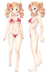  absurdres alternate_color bikini blonde_hair blue_eyes breasts drill_hair female flower hair_flower hair_ornament hibiscus highres honolulu_(kancolle) honolulu_(swimsuit_mode)_(kancolle) kantai_collection long_hair medium_breasts navel official_alternate_costume red_bikini red_flower side-tie_bikini_bottom simple_background smile string_bikini swimsuit takafumi twin_drills twintails white_background 