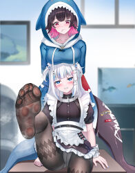  2girls absurdres alternate_costume animal_costume animal_hood black_hair black_pantyhose blue_eyes blue_hair blue_hoodie blush breasts colored_inner_hair cosplay costume_switch ellen_joe ellen_joe_(cosplay) gawr_gura gawr_gura_(1st_costume) gawr_gura_(cosplay) hair_ornament hairpin highres hololive hololive_english hood hoodie large_breasts looking_at_viewer maid medium_hair multicolored_hair multiple_girls pantyhose pink_hair red_eyes reiku09 shark_costume shark_hood short_hair small_breasts smile two_side_up virtual_youtuber white_hair x_hair_ornament zenless_zone_zero 