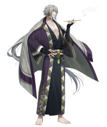  1boy barefoot black_kimono facial_mark full_body grey_hair grin hand_on_own_hip highres holding holding_smoking_pipe japanese_clothes kimono kiseru long_hair low_ponytail male_focus oerba_yun_fang original pointy_ears purple_eyes simple_background smile smoking_pipe solo suzuka_nene very_long_hair whisker_markings white_background 