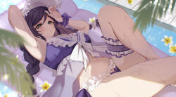  :o arm_behind_head armpits bikini blurry blush braid breasts bridal_garter day depth_of_field dot_nose female flower frilled_bikini frilled_cuffs frilled_garter frills from_above green_eyes hand_up hat highres knee_up large_breasts long_hair looking_at_viewer love_live! love_live!_school_idol_project lying navel on_back outdoors pool pukonuu purple_bikini purple_hair sidelocks swimsuit tojo_nozomi twin_braids water wet white_flower white_hat wrist_cuffs 