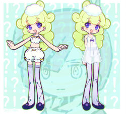  !? 1boy :d :| ahoge alternate_costume aqua_background bloomers blush_stickers border bra burippoi closed_mouth color_drain dated deformed dress female full_body fur_hat green_hair grey_pants grey_thighhighs hair_flaps hat long_hair marle_(puyopuyo) midriff mini_hat nightgown official_style open_hands open_mouth outside_border pajamas pants projected_inset puyopuyo puyopuyo_tetris_2 see-through see-through_dress short_dress signature single_hair_ring smile squares_(puyopuyo) thighhighs underwear very_long_hair white_bloomers white_border white_bra white_hat white_nightgown 