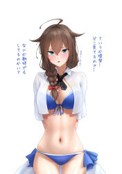  absurdres ass_visible_through_thighs bikini blue_bikini blue_eyes braid breasts brown_hair brown_hat cowboy_shot female front-tie_bikini_top front-tie_top hair_between_eyes hair_flaps hair_over_shoulder hat highres kantai_collection large_breasts long_hair navel official_alternate_costume open_clothes open_shirt shigure_(kancolle) shigure_kai_san_(kancolle) shigure_kai_san_(swimsuit)_(kancolle) shirt shushan side-tie_bikini_bottom simple_background single_braid solo standing swimsuit translation_request white_background white_shirt 