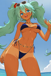  aqua_eyes aqua_hair bead_choker belly_chain bikini black_bikini blush borrowed_design bracelet brazilian_miku breasts collarbone dark-skinned_female dark_skin earrings eyewear_on_head female flower gold_earrings hair_between_eyes hair_flower hair_ornament hatsune_miku highleg highleg_bikini highres jewelry long_hair looking_at_viewer micro_bikini multiple_bracelets navel open_mouth rectangular_earrings revenantart shirt shorts_tan side-tie_bikini_bottom smile solo sunglasses sweat swimsuit tan tanlines twintails underboob very_long_hair vocaloid white-framed_eyewear yellow_shirt 