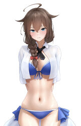  absurdres ass_visible_through_thighs bikini blue_bikini blue_eyes braid breasts brown_hair brown_hat cowboy_shot female front-tie_bikini_top front-tie_top hair_between_eyes hair_flaps hair_over_shoulder hat highres kantai_collection large_breasts long_hair navel official_alternate_costume open_clothes open_shirt shigure_(kancolle) shigure_kai_san_(kancolle) shigure_kai_san_(swimsuit)_(kancolle) shirt shushan side-tie_bikini_bottom simple_background single_braid solo standing swimsuit textless_version white_background white_shirt 