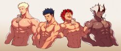  4boys abs absurdres bara blue_hair bubble_tea bubble_tea_challenge dark_skin demon_boy demon_horns drink drinking_straw feet_out_of_frame floody_(paradiso_guardian) highres horns jewelry large_pectorals lvlv male_focus manly mature_male multiple_boys muscular muscular_male necklace nipples paradiso_guardian pectorals radian_(paradiso_guardian) red_eyes red_hair short_hair shuten_douji_(paradiso_guardian) simple_background spiked_hair sweat sweatdrop thick_arms thick_eyebrows topless_male upper_body vitos_(paradiso_guardian) white_background white_hair 